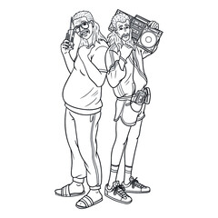 two men with mullet and eighties look. comic, outline, monochrome, vector.