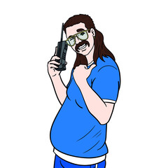 man with mullet shows his thumb up and holds a phone. upper body, isolated.