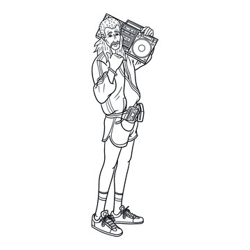 Man With Mullet And Boombox On His Shoulder. 80s, Monochrome, Comic.