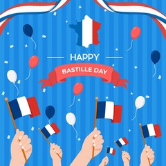 Flat Vector  Happy bastille day with ribbon salute confetti
