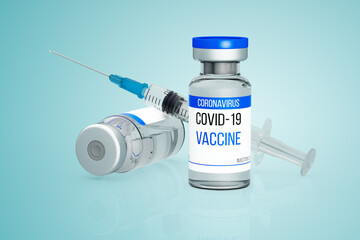 A bottle of coronavirus vaccine. Two ampoules and a syringe filled with medicine. Injection against the COVID-19 virus. Copy space. 3D rendering