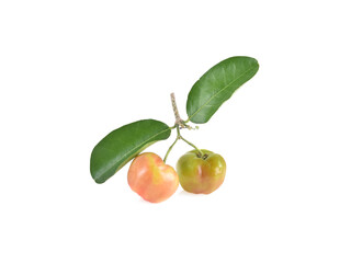 Acerola cherry with green leaves isolated on white background.