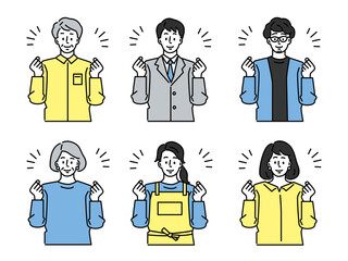 ガッツポーズの老若男女のイラスト(お爺ちゃん、お婆ちゃん、男性、女性、お得、モチベーション、頑張る、やる気、働く人、店員) Illustrations of men and women of all ages (man, woman, good deal, motivation, hard work, motivation, motivation, working people, clerks)