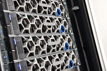 Obraz premium Closeup Of Modern Virtual Hard Drives In Datacenter