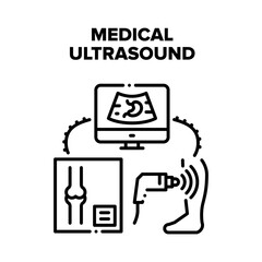 Medical Ultrasound Device Vector Icon Concept. Medical Ultrasound Medical Treatment For Examination Human Organ Health And Bones. Hospital Medicine Electronic Equipment Black Illustration