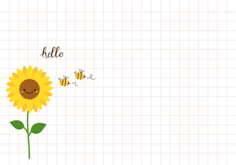 Sunflower and bee cartoons on grid background vector.