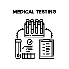 Medical Testing Laboratory Vector Icon Concept. Blood And Dna Medical Testing With Lab Equipment And Flask, Assistant Working With Dispenser, Medicine Occupation Black Illustration
