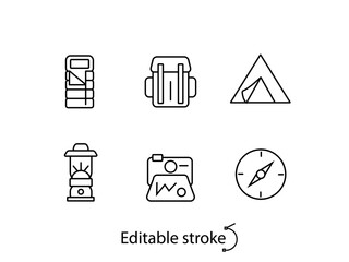 Hiking trip outline icons set. Tourism idea collection. Customizable linear contour symbol