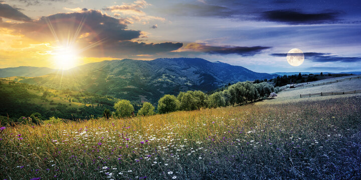 day and night time change concept above rural landscape with blooming grassy meadow. beautiful nature scenery of carpathian mountains with sun and moon. fluffy clouds on the blue sky