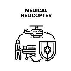 Medical Emergency Helicopter Vector Icon Concept. Helicopter For Transportation Illness Patient, Nurse Carrying On Stretcher For Help And Disease Treatment. Fly Transport Black Illustration