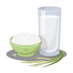 vegan rice milk vector illustration. A glass of rice milk. Vegan milk stock vector illustration on white isolated background. Vegan food and drink. A bowl of rice and organic milk