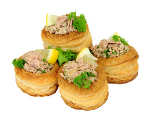 Tuna fish filled puff pastry vol au vents isolated on a white background
