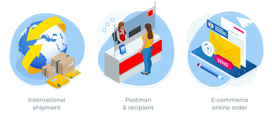 Isometric concept of International shipment, Postman recipient and E-commerce online order. Post office Express delivery service