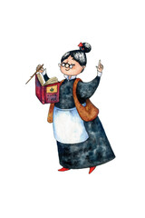 watercolor illustration - a witch with a magic wand and a book on a white background.