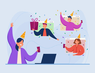 People celebrating birthday online flat vector illustration. Happy friends having video call during quarantine, drinking wine through computer windows. Party, pandemic, online conference concept.