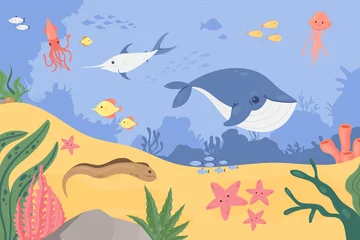 Crédence de cuisine en verre imprimé Chambre denfants Paysage marin sous-marin, fond de l& 39 océan avec illustration vectorielle de poissons animaux. La faune sous-marine mignonne de bande dessinée, l& 39 espadon de baleine le thon d& 39 étoile de mer d& 39 anguille de calmar nagent profondément dans le fon