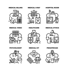 Medical Healthcare Set Icons Vector Illustrations. Medical Educational Video And Calling Communication Doctor With Patient, Pediatrician And Psychologist, X-ray And Room Black Illustration