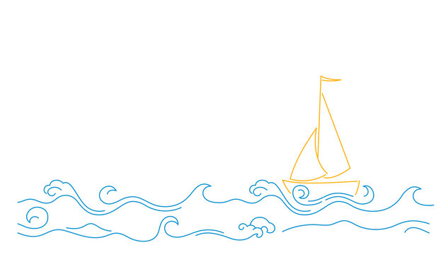 Illustration with blue waves and sailboat.