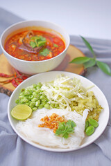 Nam Ngiao Rice Noodle, Traditional spicy rice noodle soup from Northern of Thailand
