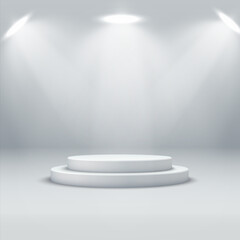 Abstract podium background. A realistic, bright interior with a round podium and spotlights.