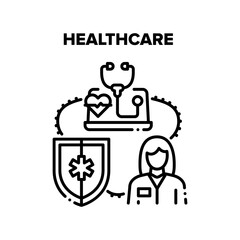Healthcare Clinic Diagnostic Vector Icon Concept. Doctor Healthcare Examination And Treatment In Hospital And Remote Consultation. Health Protection And Life Safe Black Illustration