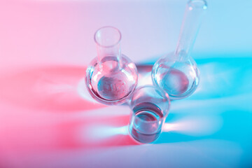 Test tubes flasks and petri dishes, laboratory glassware. Medicine and biological or chemical research,