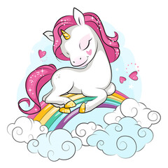 Cute little unicorn with pink mane and a heart shaped magic crystal on his neck. Isolated. Beautiful picture for your design.