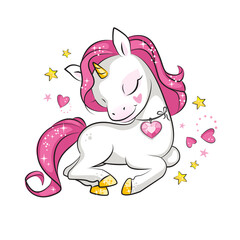 Cute little unicorn with pink mane and a heart shaped magic crystal on his neck. Isolated. Beautiful picture for your design.