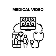 Medical Video Conference Vector Icon Concept. Medical Video Call Meeting And Online Remote Patient Consultation And Examination. Doctor Face Time Communication With Sick Black Illustration