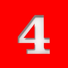 4 number four white numeral sign stencil cut out design digit 3d rendering isolated on red background in high resolution