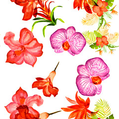 Orange Flower Jungle. Autumn Hibiscus Backdrop. Yellow Tropical Backdrop. Red Exotic Jungle . Seamless Painting. Pattern Backdrop. Summer Illustration. Orchid Decor.