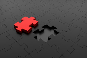 Red puzzle piece ready to be placed in a dark puzzle. Concept of creativity, inspiration and problem solving. 3d render - 437672707