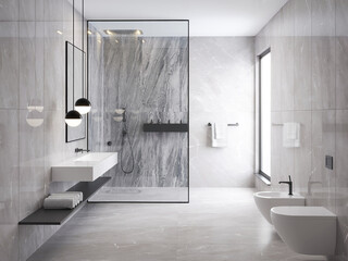 3d rendering of a grey minimal stone bathroom with a shower cabin and a toilet - obrazy, fototapety, plakaty