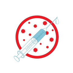 Vaccinations as a Necessity to Protect Against the Coronavirus Epidemic. Medical syringe with medicine as a prohibition sign for viruses. Vector color cartoon hand drawing isolated on white background