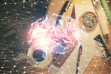 Double exposure of brain sketch and table top veiw. Concept of data analysis.