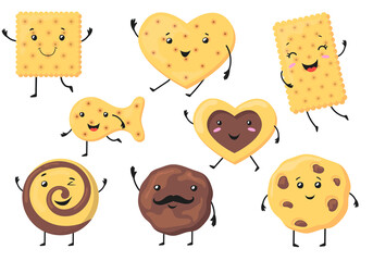 Cute biscuit characters vector illustrations set. Funny smiling cookies and crackers of different shapes, square, circle, fish, heart isolated on white background. Food, desserts, snacks concept - obrazy, fototapety, plakaty