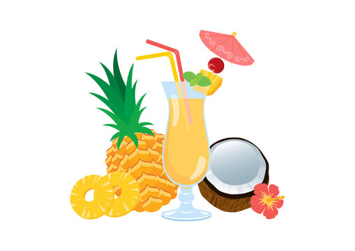 Tropical drink with pineapple and coconut fruit vector. Refreshing decorated cocktail vector. Tropical Pina Colada cocktail vector. Fancy fresh summer drink vector icon isolated on a white background