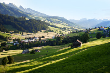 Fototapeta na wymiar cosy rural houses in valley in swiss alps