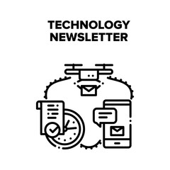 Technology Newsletter Sending Vector Icon Concept. Technology Newsletter Delivering With Drone Device, Fast Send And Delivery Message On Smartphone. Modern Electronics And Gadget Black Illustration