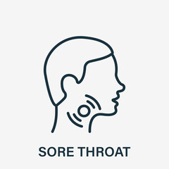 Sore Throat Line Icon. Painful Sore Throat Linear Icon. Male head in Profile Pictogram. Symptom of angina, flu or cold. Editable stroke. Vector illustration