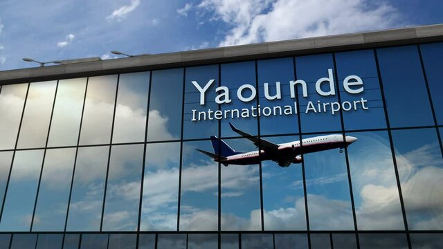 Jet aircraft landing at Yaounde, Cameroon 3D rendering animation. Arrival in the city with the glass airport terminal and reflection of the plane. Travel, business, tourism and transport concept.