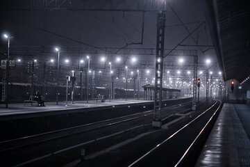 railway tracks night landscape at the railway station fog autumn