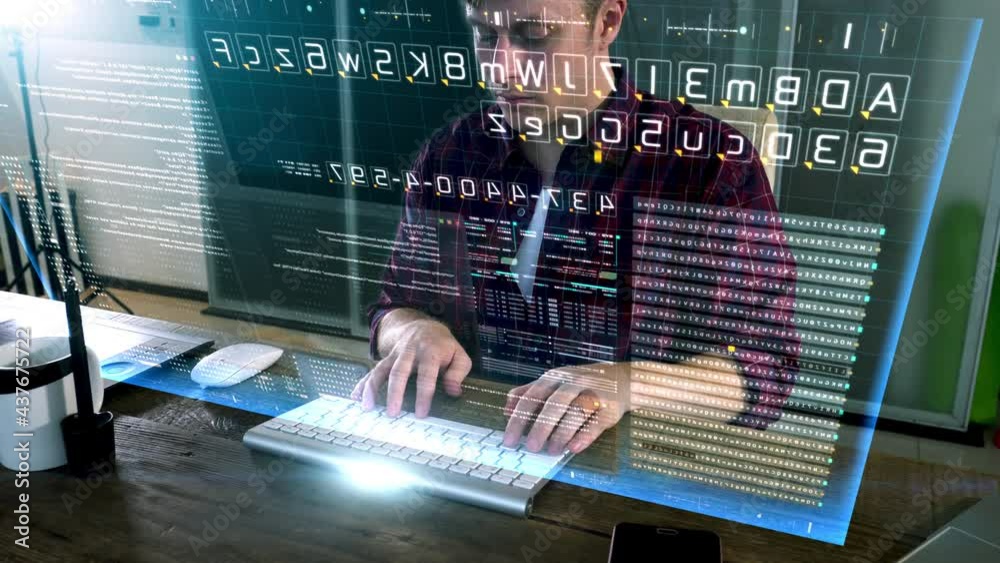 Poster Cyber Crime concept : A programmer hacker trying to breached crypto currency address security by using algorithm source code to exploit weakness in password security