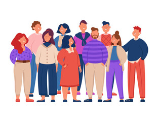 Obraz premium Group of cute cartoon office workers flat vector illustration. Young, funny colleagues in casual clothes standing together and discussing startup issues. Team, communication, business staff concept.