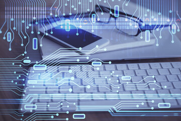 Double exposure of data theme drawing and mobile phone background. Concept of innovation