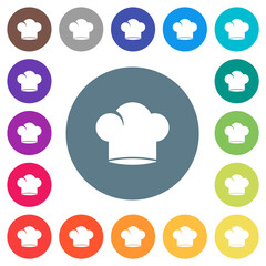 Chef hat flat white icons on round color backgrounds