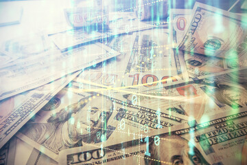 Double exposure of data theme drawing over us dollars bill background. Technology concept.