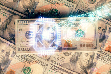 Double exposure of data theme drawing over us dollars bill background. Technology concept.