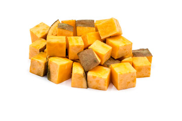 Sweet potato cubes isolated on white background