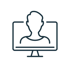 Online Education Line Icon. Online Training Linear Icon. Distant Education, Consultation, E-learning and Online Webinar. Teacher and Computer Screen pictogram. Editable stroke. Vector illustration